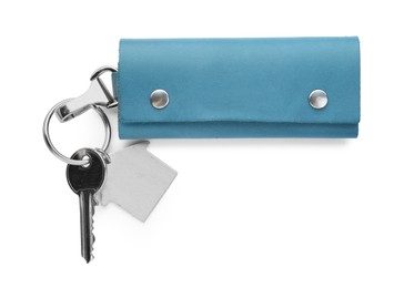 Photo of Leather case with key isolated on white, top view