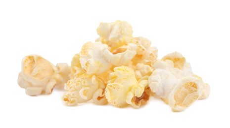 Photo of Fresh popcorn isolated on white. Tasty snack