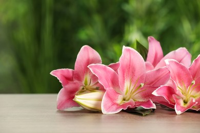 Photo of Beautiful pink lily flowers on wooden table outdoors, space for text