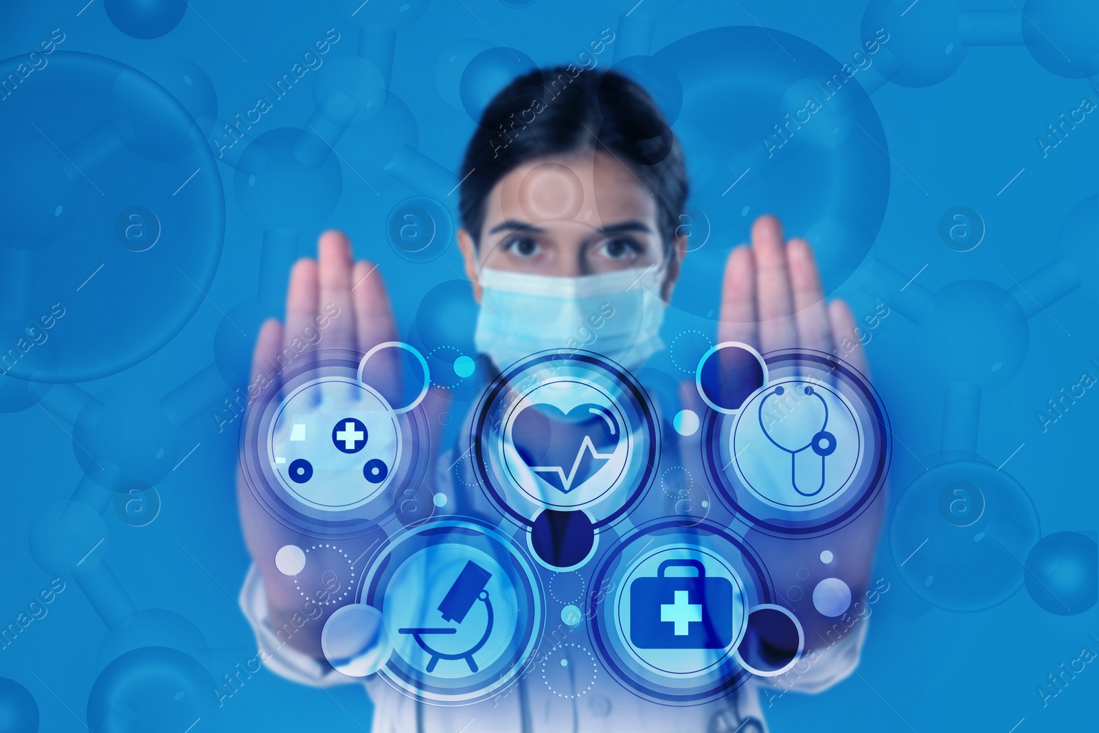 Image of Medical technology concept. Doctor and illustration of different icons on light blue background