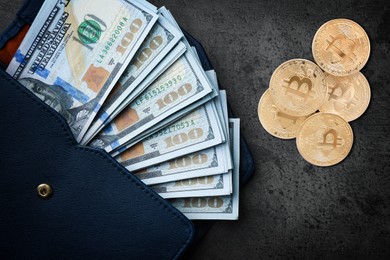 Image of Bitcoins, dollar banknotes and wallet on black background, flat lay