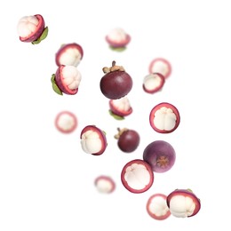 Image of Delicious exotic mangosteen fruits flying on white background 