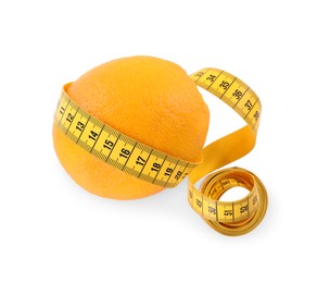 Cellulite problem. Orange with measuring tape isolated on white, top view