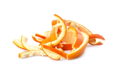 Photo of Orange peel on white background. Composting of organic waste
