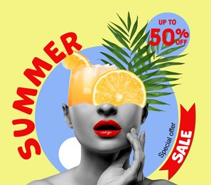 Image of Hot summer sale flyer design. Woman with orange juice and green leaves in head and text on colorful background