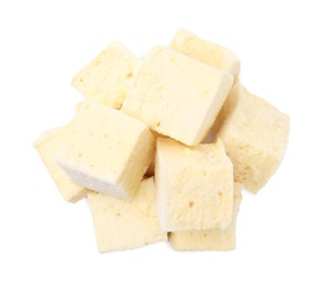 Photo of Pile of delicious sweet marshmallows on white background, top view