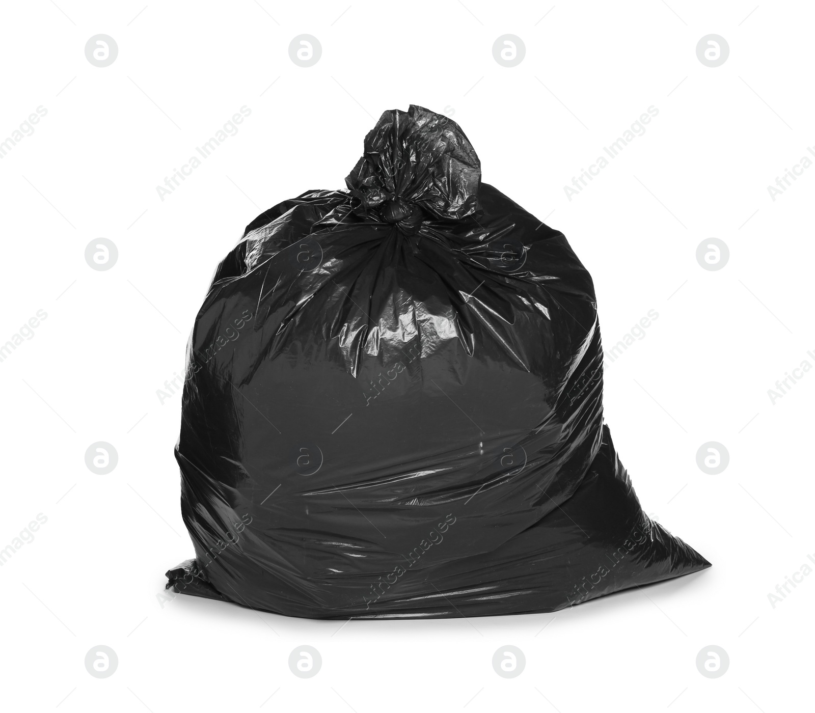 Photo of Black trash bag filled with garbage isolated on white