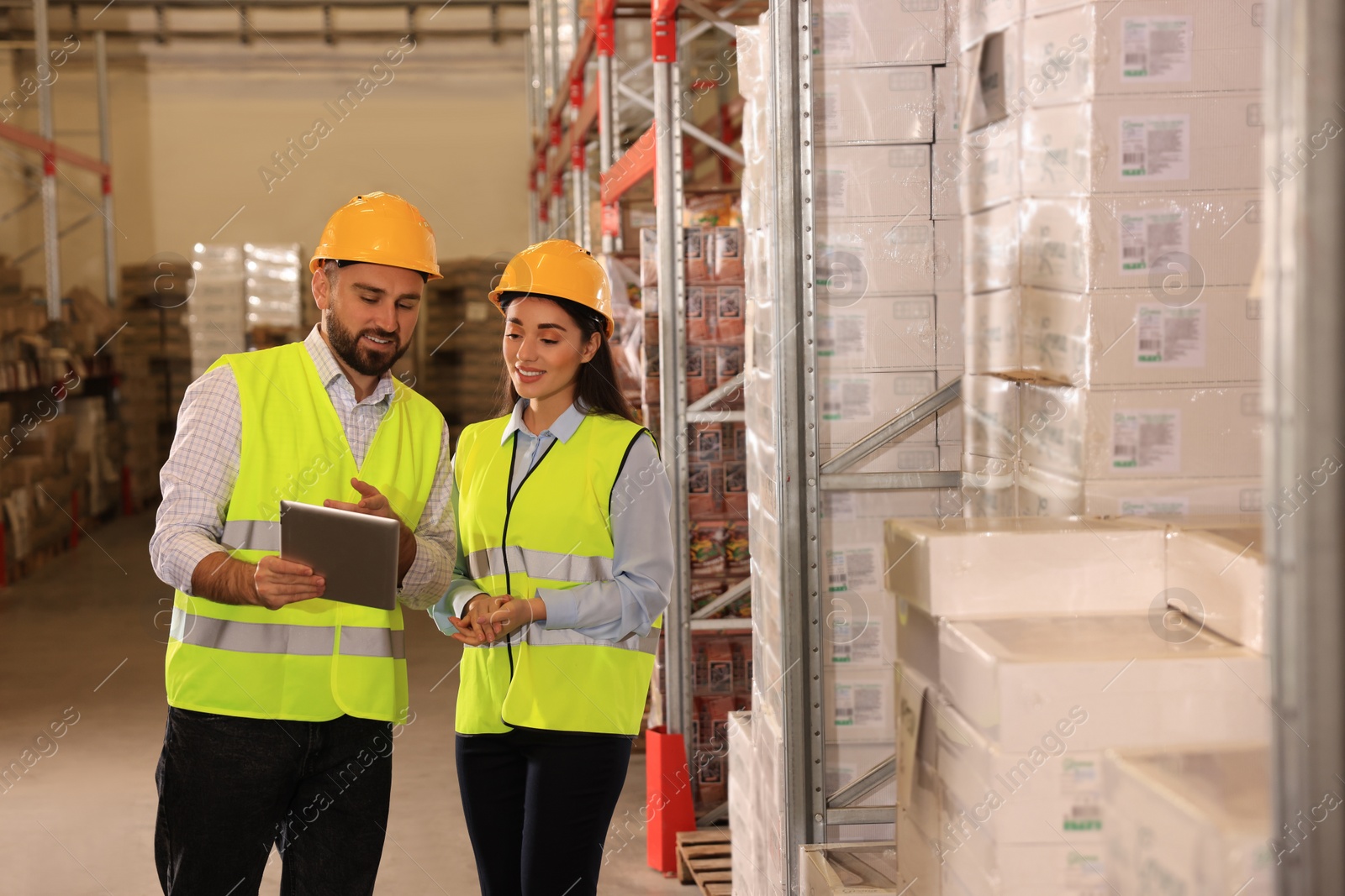 Image of Manager and worker at warehouse. Logistics center