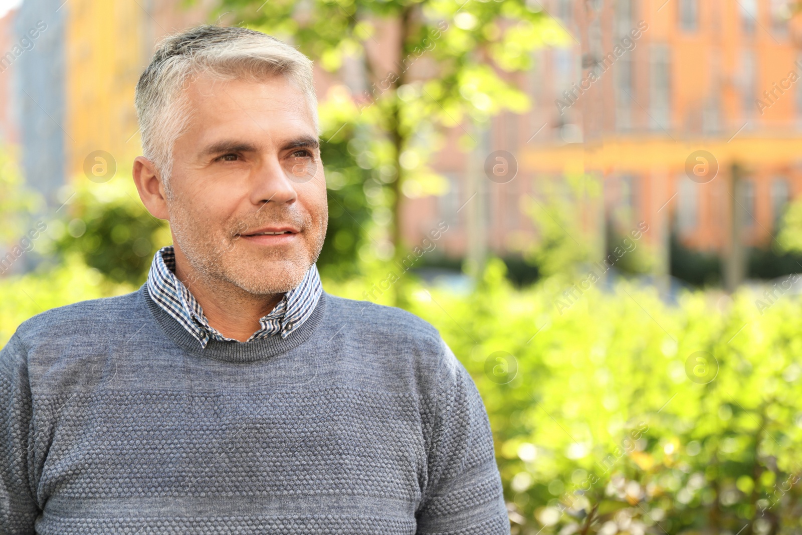 Photo of Portrait of handsome mature man in park. Space for text