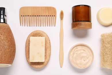 Bath accessories. Different personal care products on white background, flat lay