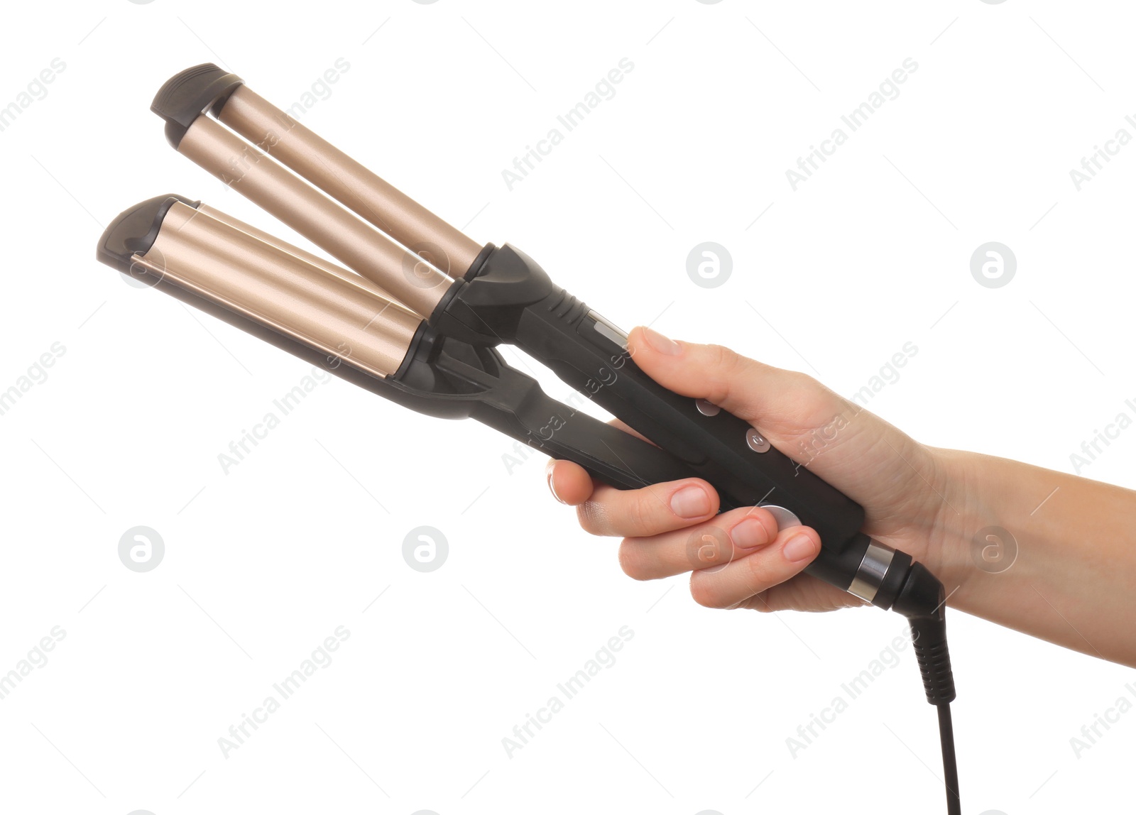 Photo of Woman holding modern triple curling iron on white background, closeup