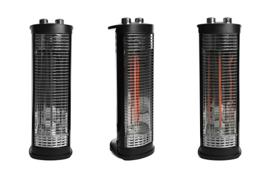 Image of Modern electric heaters on white background, collage 