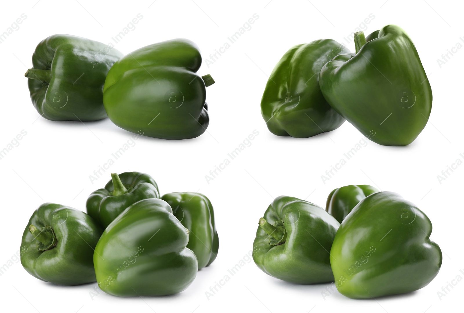 Image of Set of ripe green bell peppers on white background