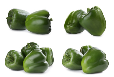 Set of ripe green bell peppers on white background