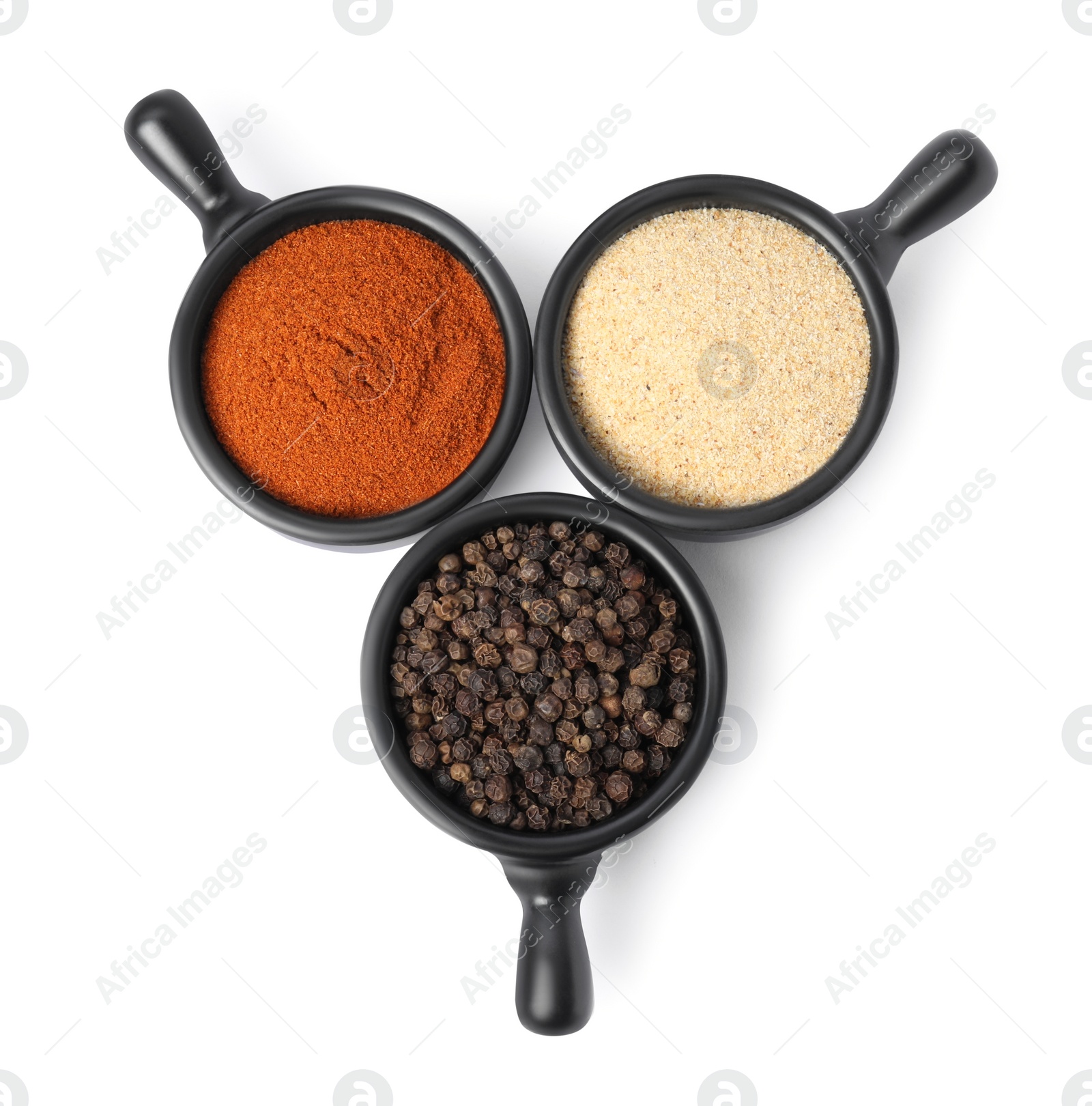 Photo of Bowls with different spices on white background, top view