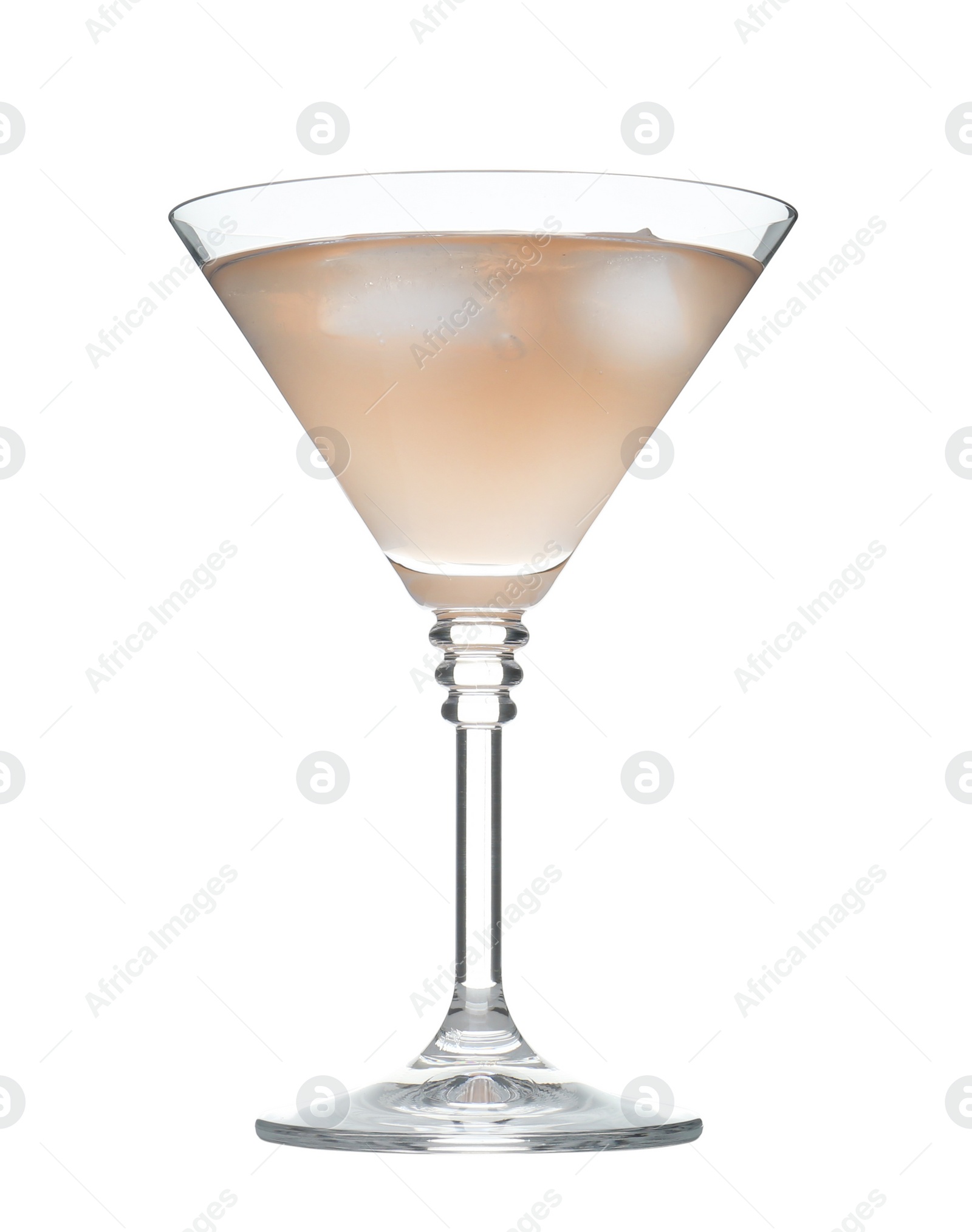 Photo of Glass of martini cocktail with ice cubes on white background