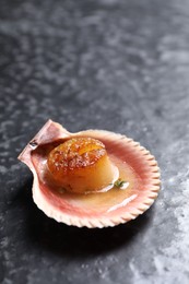 Photo of Delicious fried scallop in shell on black table