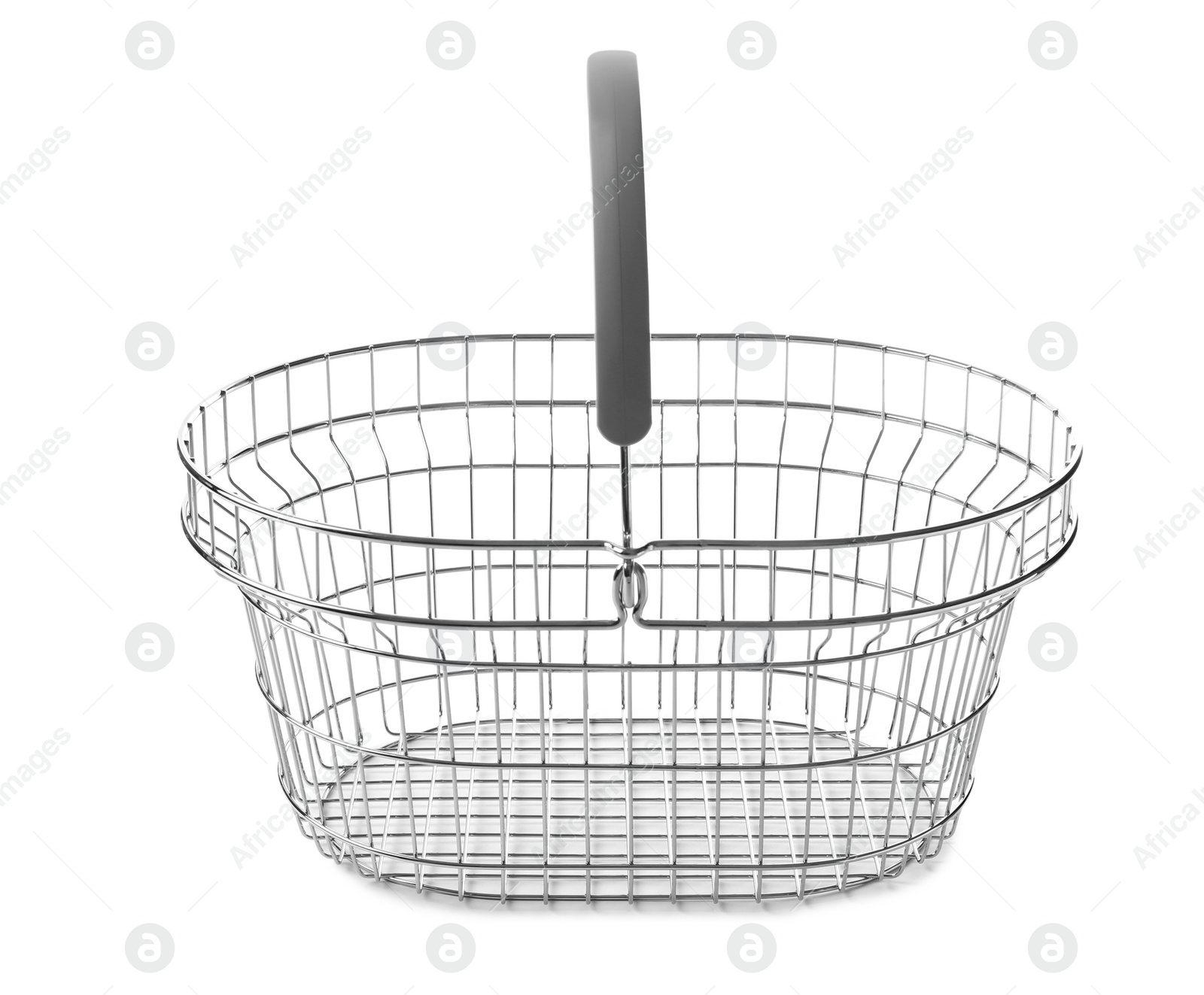 Photo of Empty metal shopping basket on white background