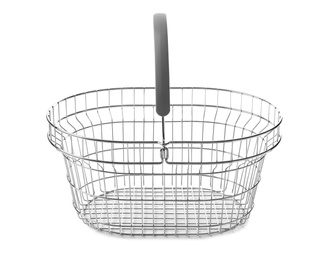 Photo of Empty metal shopping basket on white background