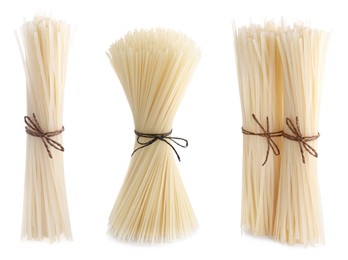 Set with dried rice noodles on white background