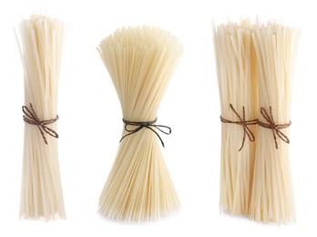 Image of Set with dried rice noodles on white background