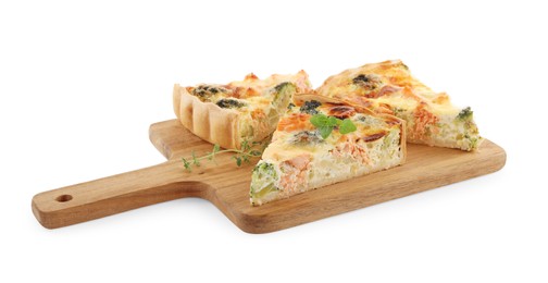 Pieces of delicious homemade quiche with salmon and broccoli isolated on white