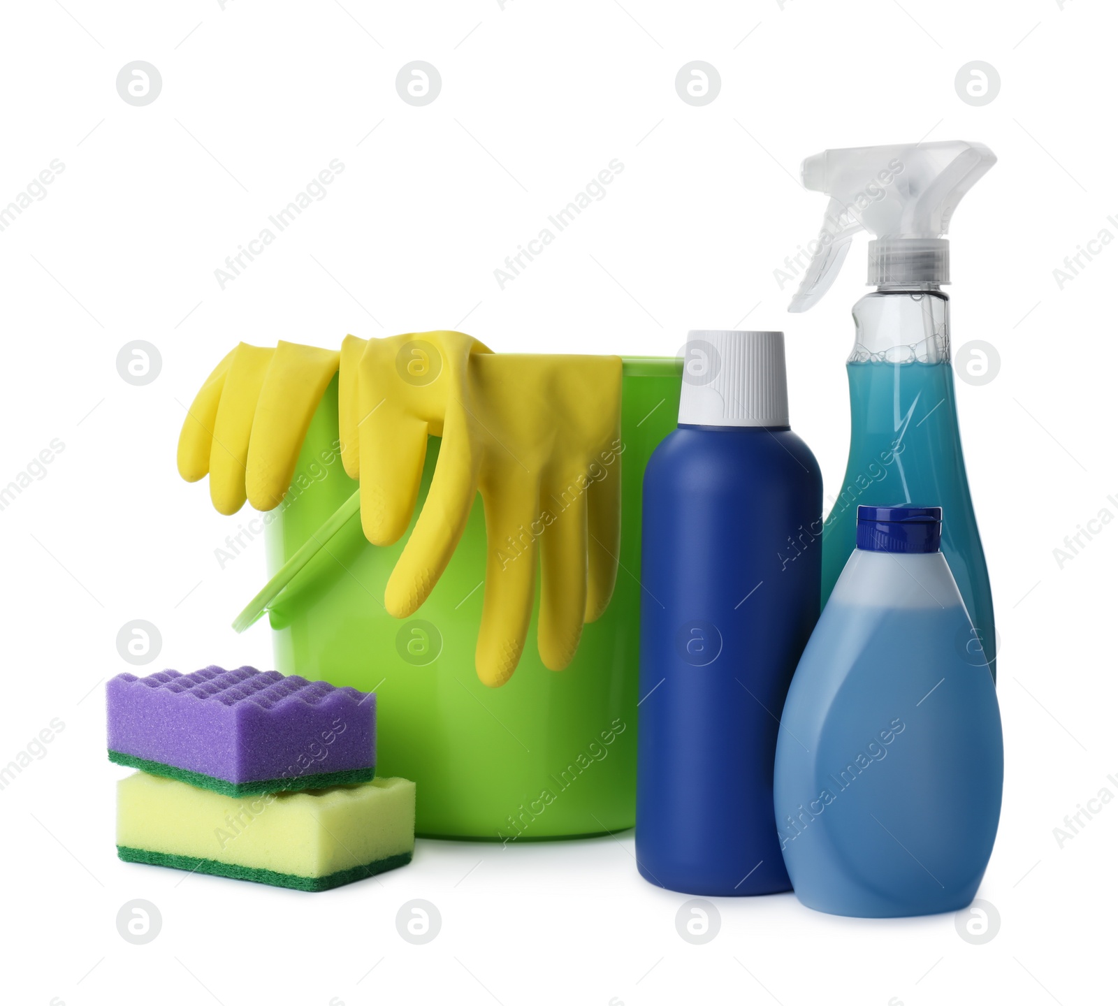 Photo of Set of different cleaning supplies on white background