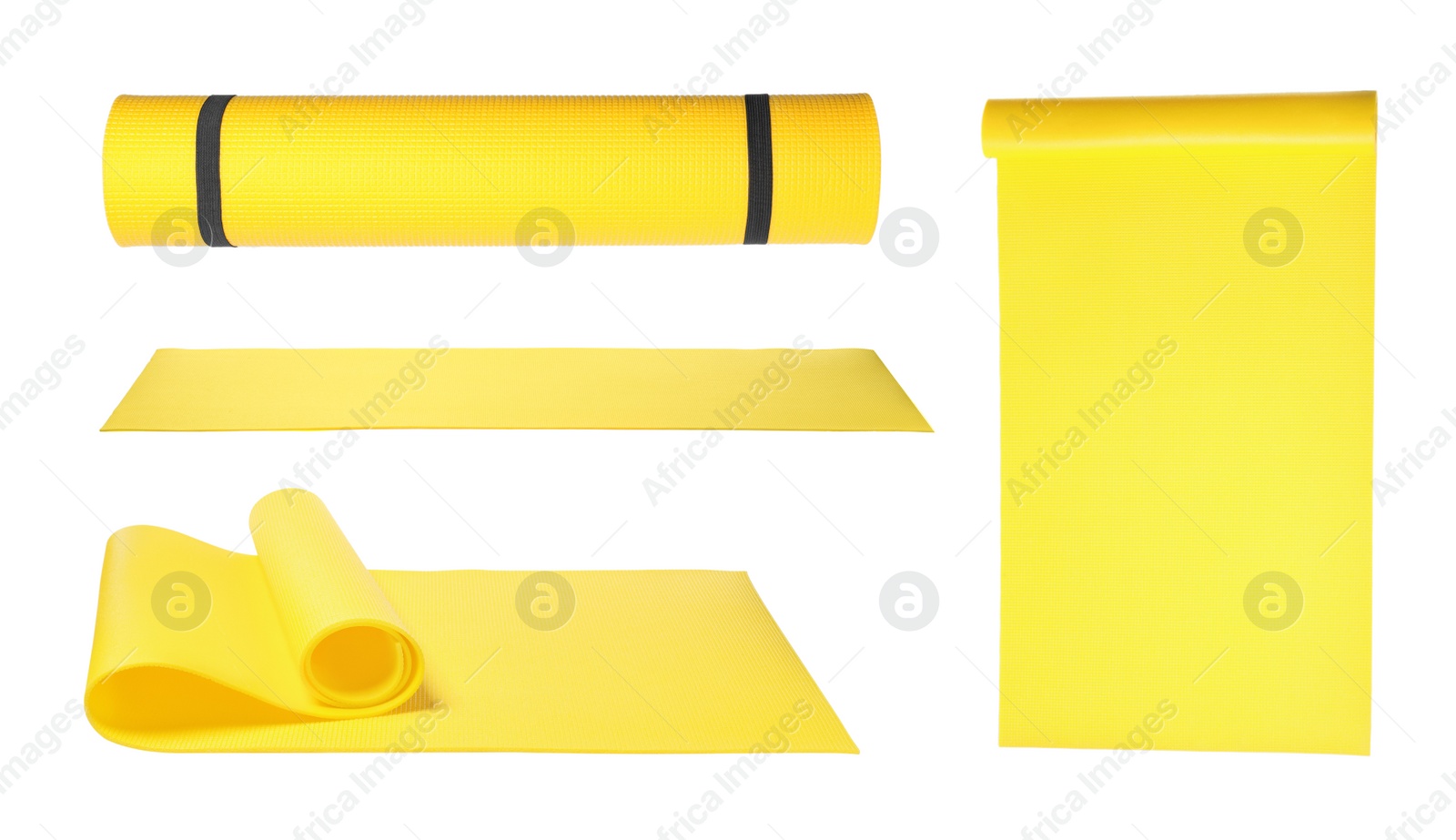 Image of Set with yellow camping mats on white background 