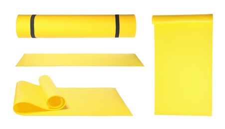 Image of Set with yellow camping mats on white background 