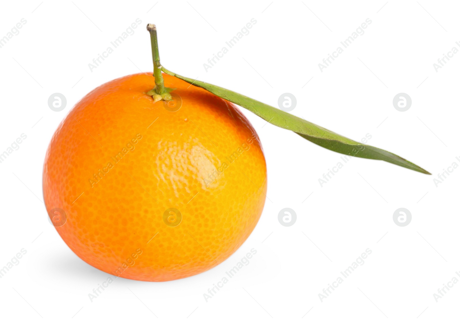 Photo of Fresh ripe tangerine with green leaf isolated on white