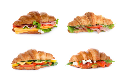Set of different tasty croissant sandwiches on white background