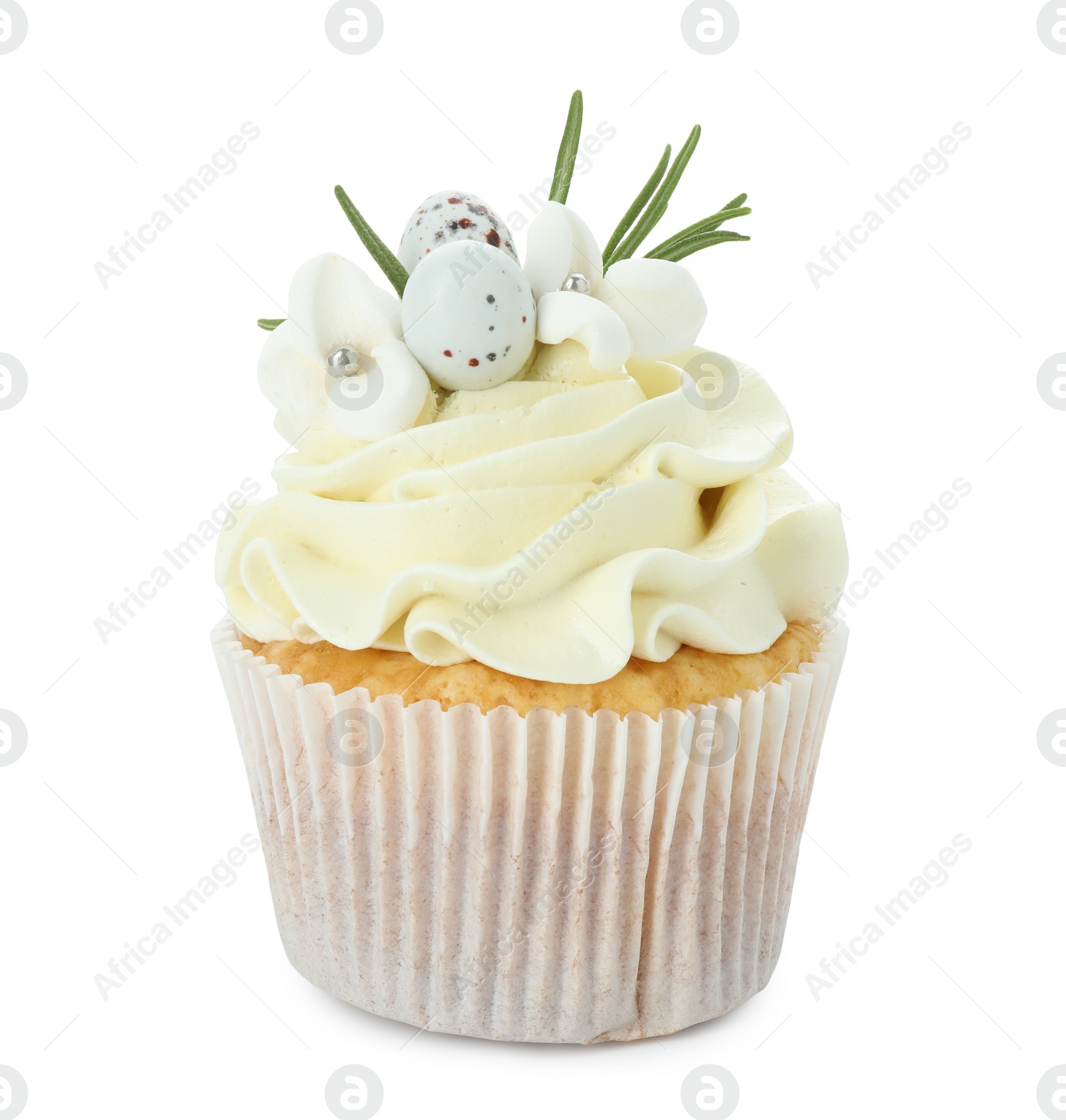 Photo of Tasty Easter cupcake with vanilla cream isolated on white