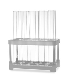 Empty test tubes in rack isolated on white. Laboratory glassware