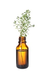 One bottle with essential oil and thyme isolated on white