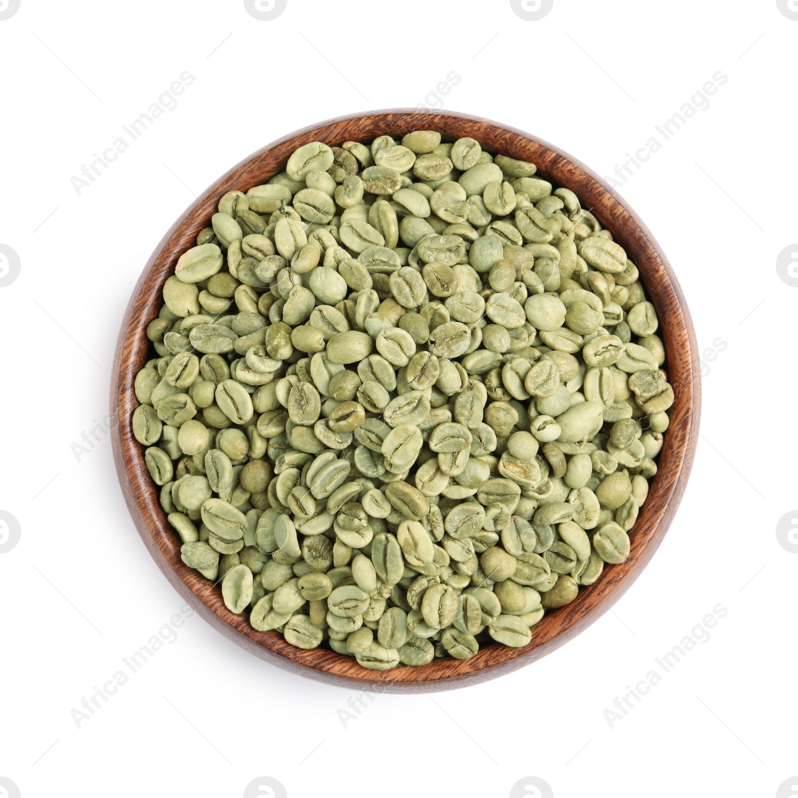 Photo of Wooden bowl with green coffee beans isolated on white, top view