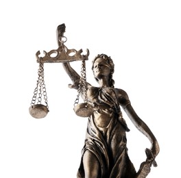 Photo of Statue of Lady Justice isolated on white, low angle view. Symbol of fair treatment under law