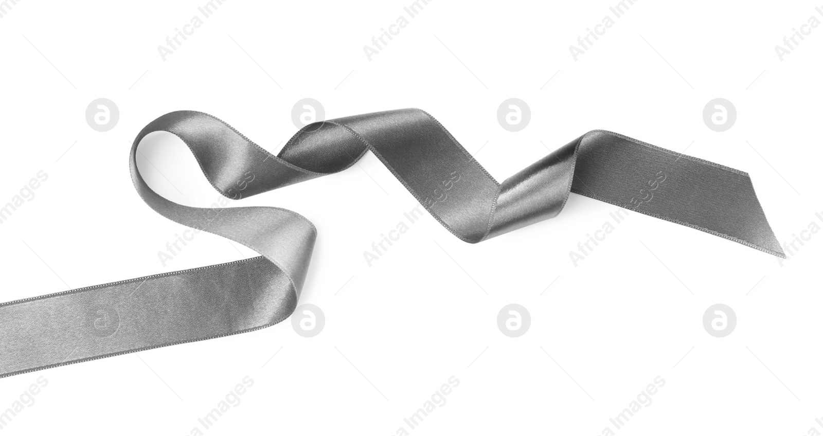 Photo of Silver satin ribbon on white background, top view