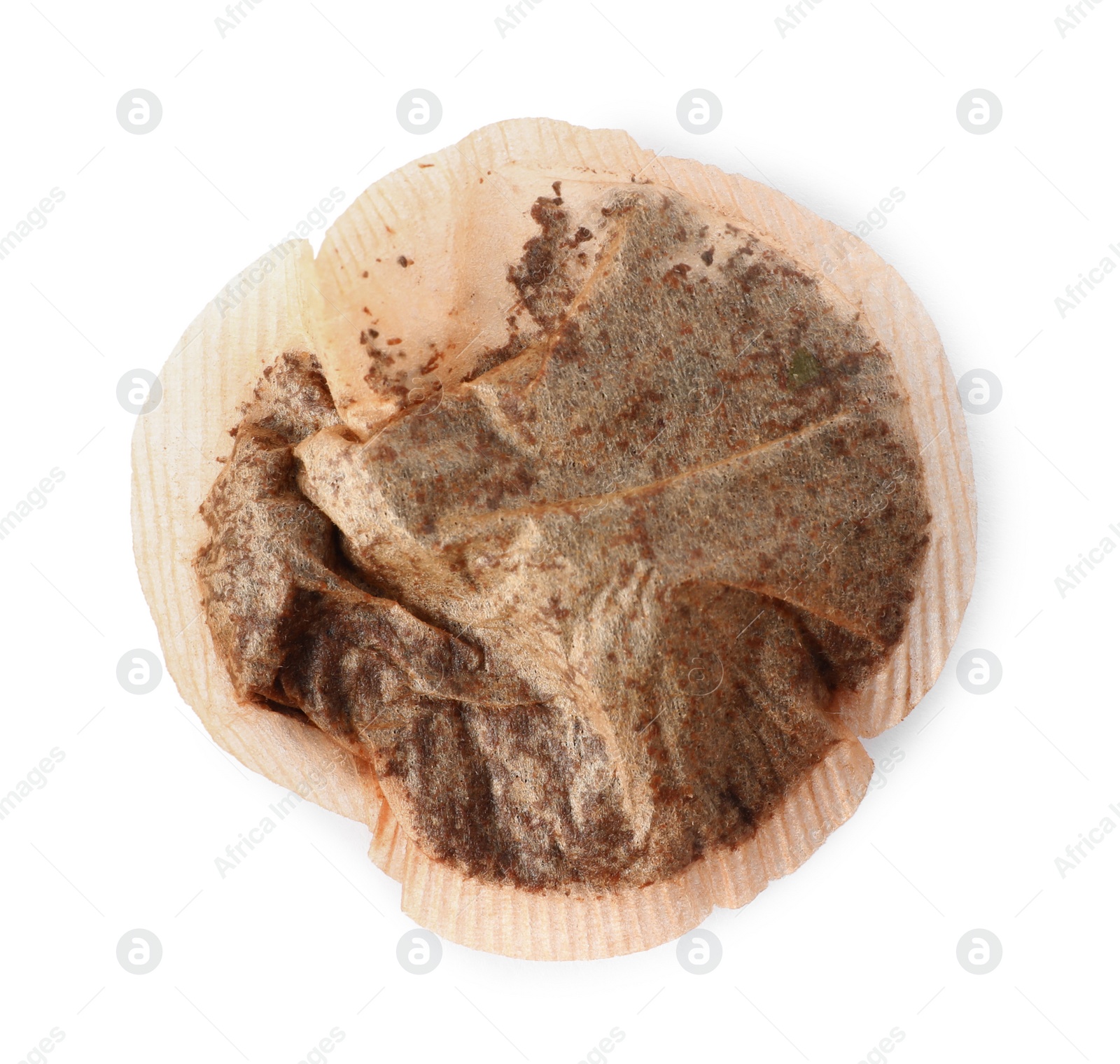 Photo of Used tea bag isolated on white, top view