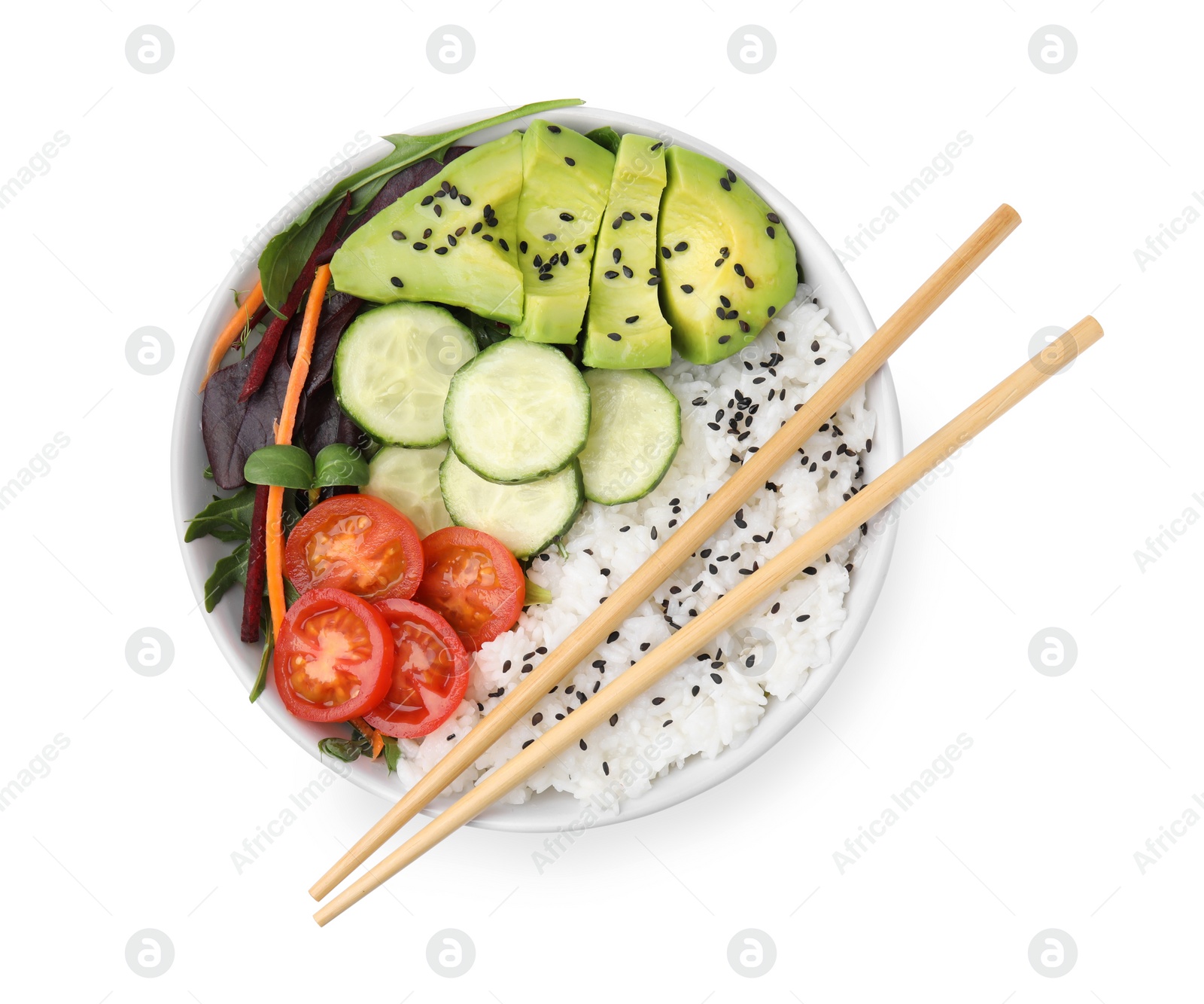 Photo of Delicious poke bowl with vegetables, avocado and mesclun isolated on white, top view