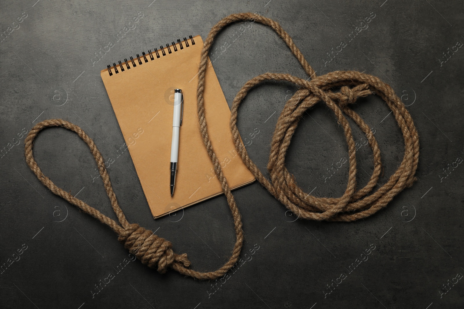 Photo of Rope noose and blank notebook with pen on grey table, flat lay