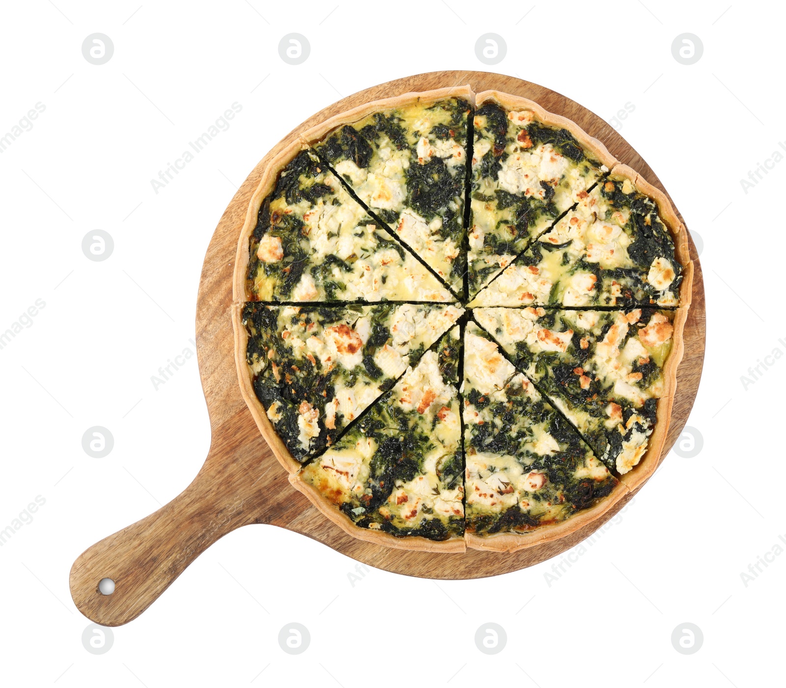 Photo of Delicious homemade spinach quiche isolated on white, top view