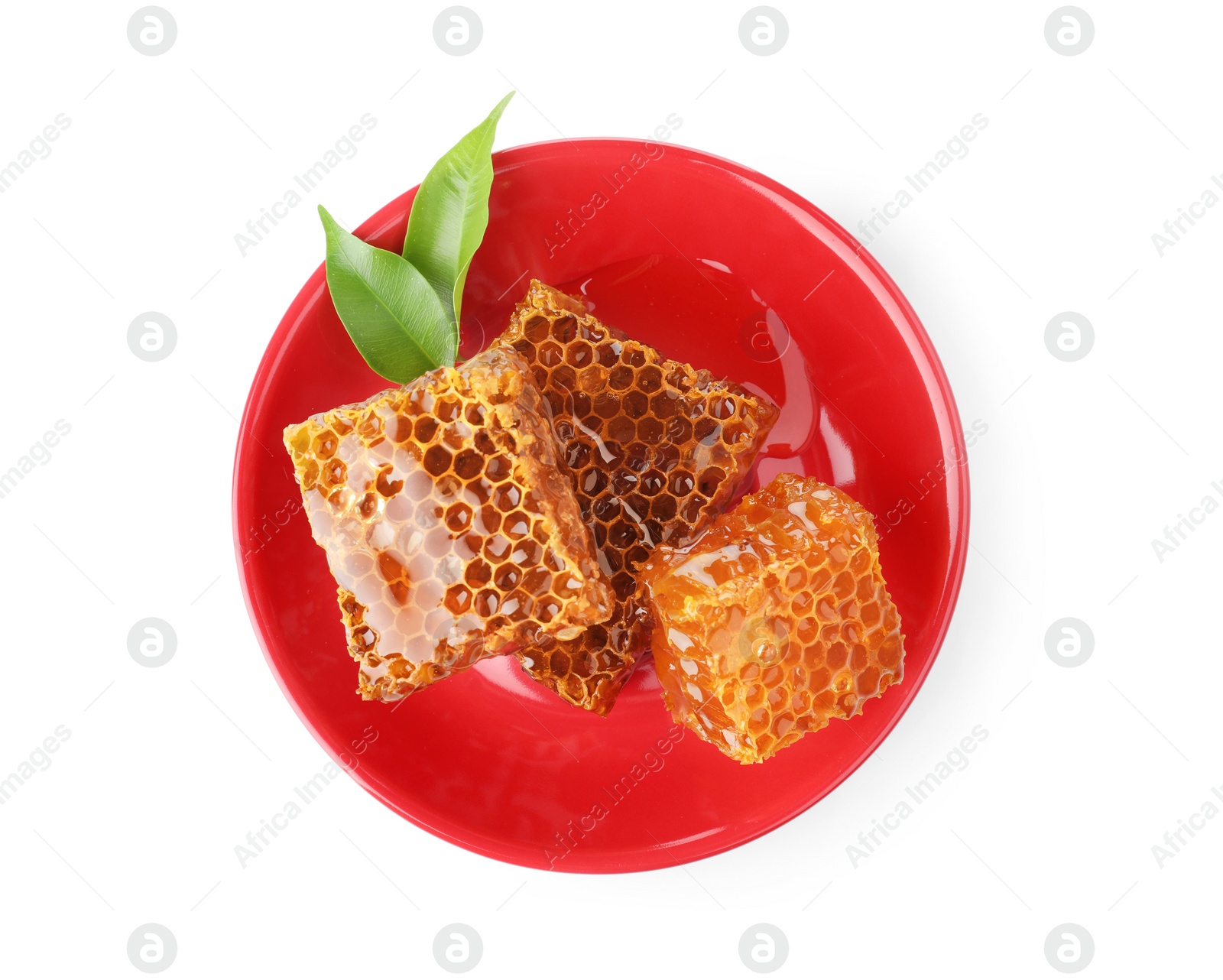 Photo of Plate with honeycomb pieces and leaves isolated on white, top view