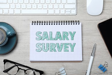 Image of Phrase Salary Survey written in notebook, computer keyboard and cup of coffee on wooden desk, flat lay