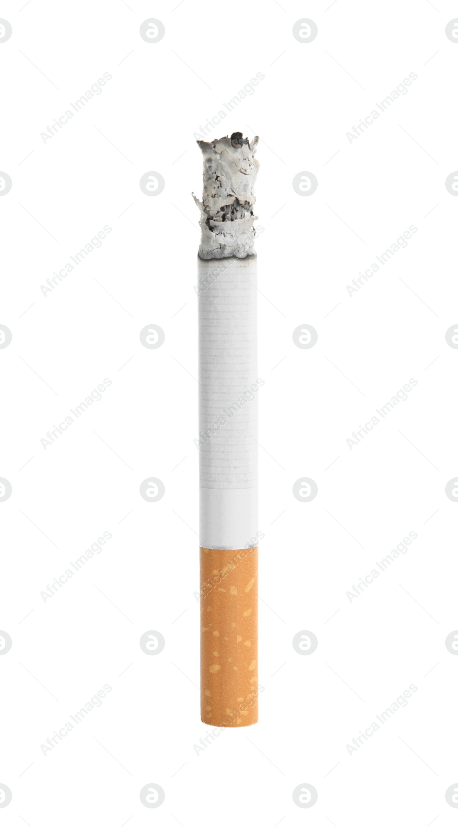 Photo of Cigarette with orange filter smoldering on white background