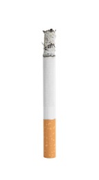 Photo of Cigarette with orange filter smoldering on white background