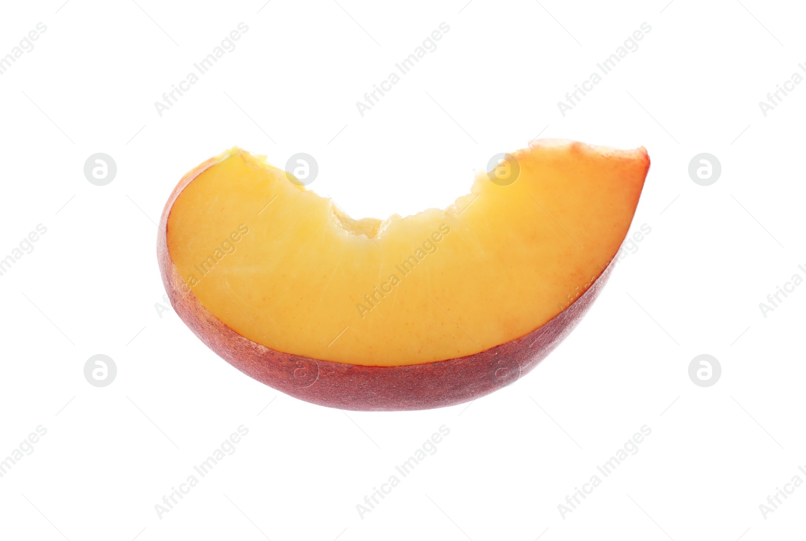 Photo of Slice of sweet juicy peach on white background