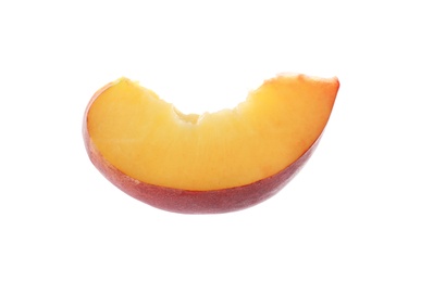 Photo of Slice of sweet juicy peach on white background