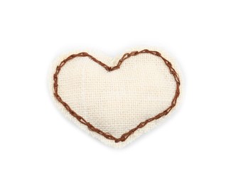 Photo of Heart of burlap fabric with brown stitches isolated on white, top view