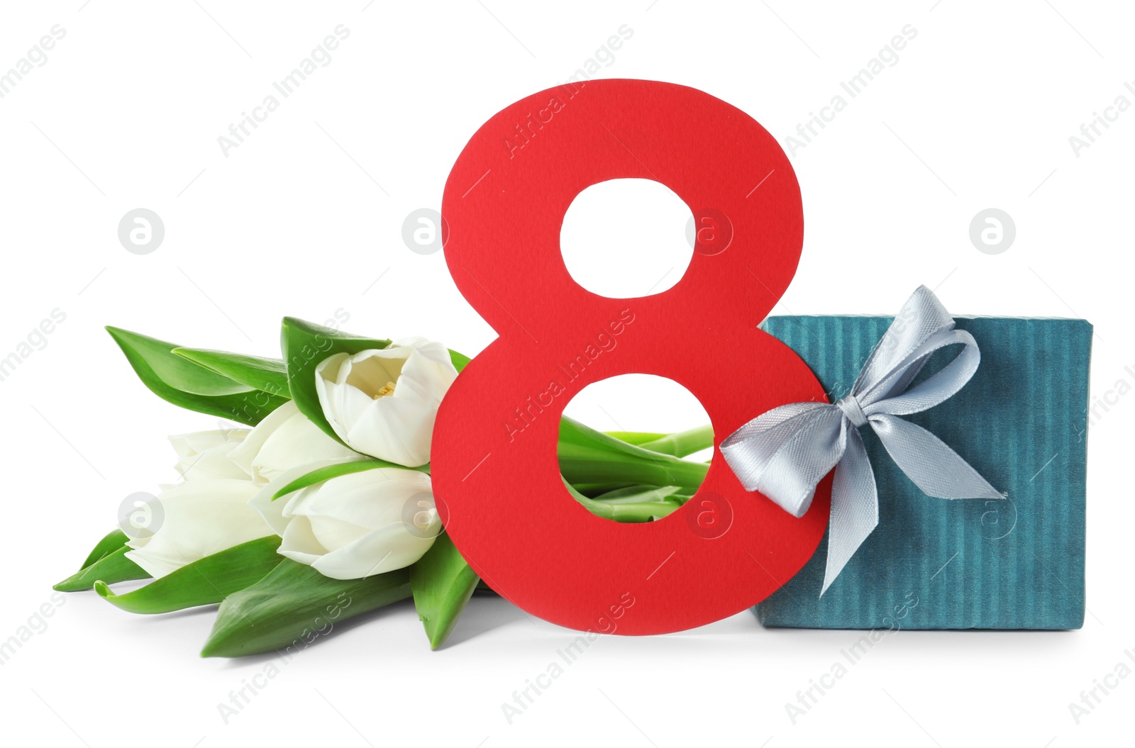 Photo of 8 March card design with tulips and gift on white background. International Women's Day