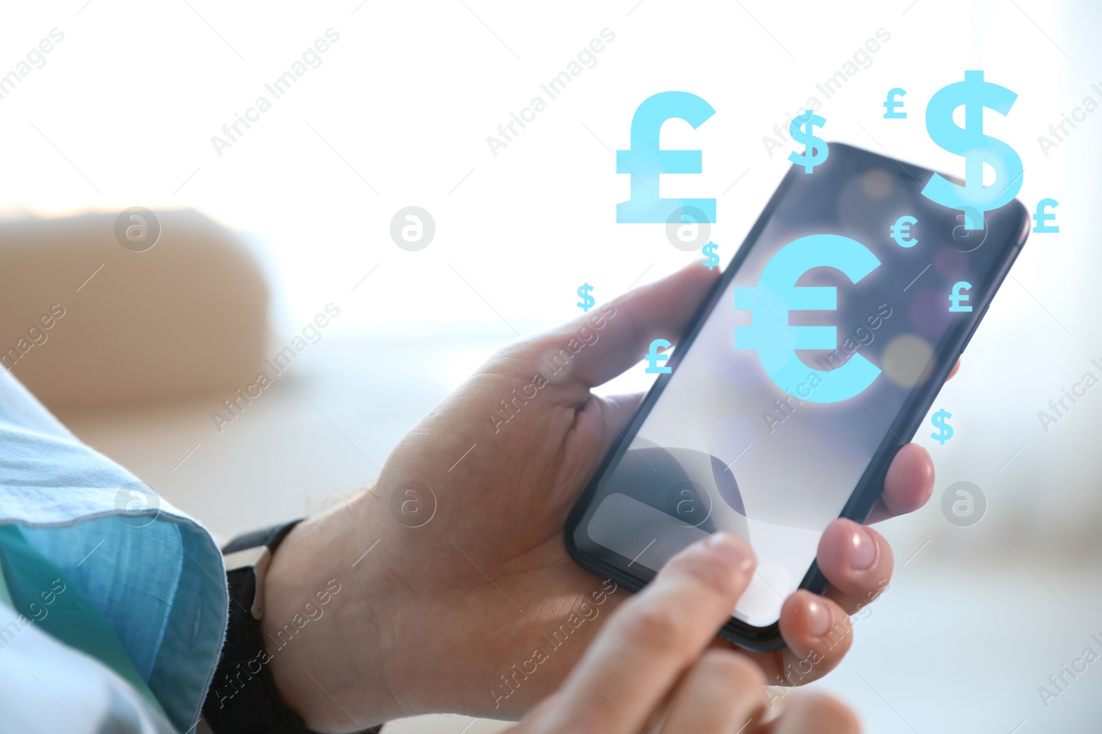 Image of Fintech concept. Man with smartphone at home, closeup